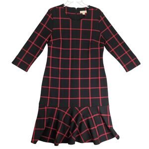Appleseed's Red Black Plaid Knit Dress Sz 10 Ruffle Hem 3/4 Slv Academia Preppy